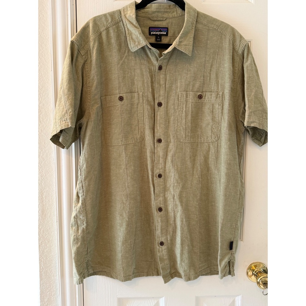 Patagonia Back Step Shirt XL Hemp Organic Cotton Green Textured Stripe Mens - Picture 2 of 7